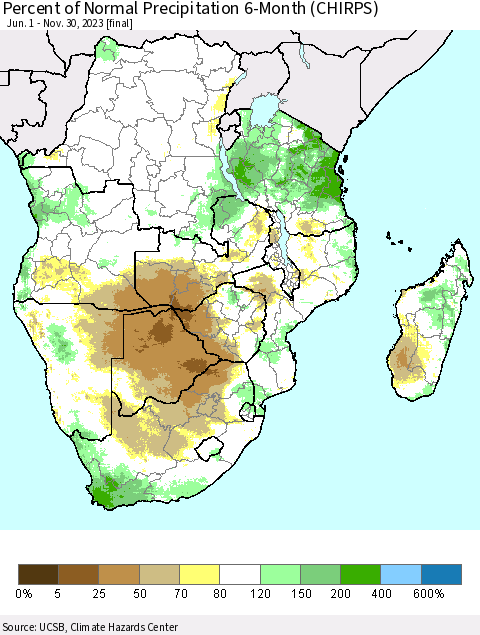 Southern Africa Percent of Normal Precipitation 6-Month (CHIRPS) Thematic Map For 6/1/2023 - 11/30/2023