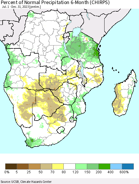 Southern Africa Percent of Normal Precipitation 6-Month (CHIRPS) Thematic Map For 7/1/2023 - 12/31/2023