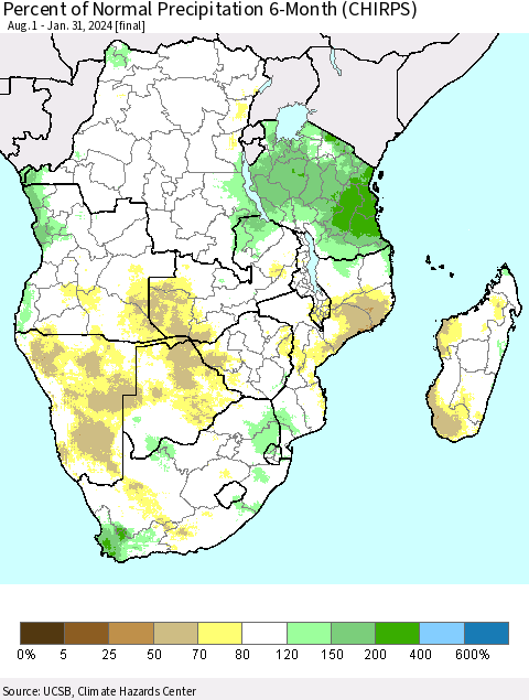 Southern Africa Percent of Normal Precipitation 6-Month (CHIRPS) Thematic Map For 8/1/2023 - 1/31/2024