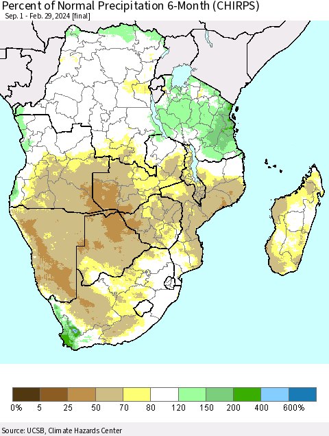 Southern Africa Percent of Normal Precipitation 6-Month (CHIRPS) Thematic Map For 9/1/2023 - 2/29/2024