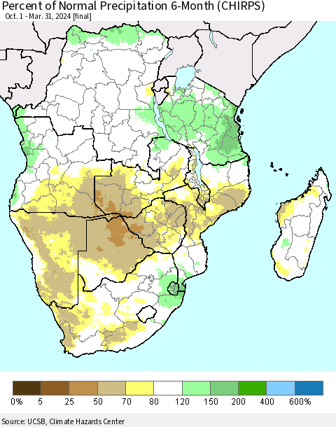 Southern Africa Percent of Normal Precipitation 6-Month (CHIRPS) Thematic Map For 10/1/2023 - 3/31/2024