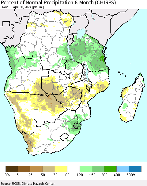 Southern Africa Percent of Normal Precipitation 6-Month (CHIRPS) Thematic Map For 11/1/2023 - 4/30/2024
