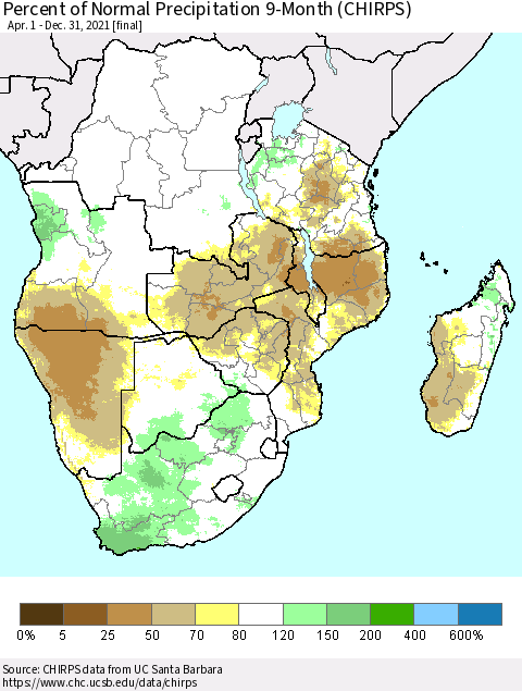 Southern Africa Percent of Normal Precipitation 9-Month (CHIRPS) Thematic Map For 4/1/2021 - 12/31/2021
