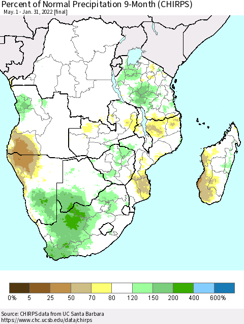 Southern Africa Percent of Normal Precipitation 9-Month (CHIRPS) Thematic Map For 5/1/2021 - 1/31/2022