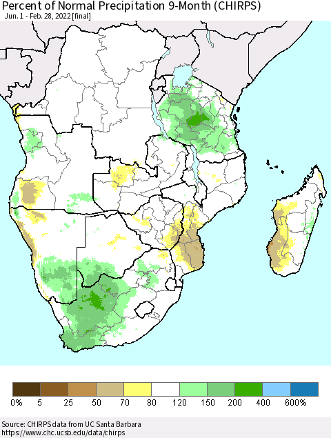 Southern Africa Percent of Normal Precipitation 9-Month (CHIRPS) Thematic Map For 6/1/2021 - 2/28/2022
