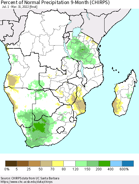 Southern Africa Percent of Normal Precipitation 9-Month (CHIRPS) Thematic Map For 7/1/2021 - 3/31/2022