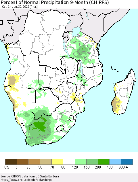 Southern Africa Percent of Normal Precipitation 9-Month (CHIRPS) Thematic Map For 10/1/2021 - 6/30/2022
