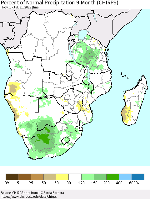 Southern Africa Percent of Normal Precipitation 9-Month (CHIRPS) Thematic Map For 11/1/2021 - 7/31/2022