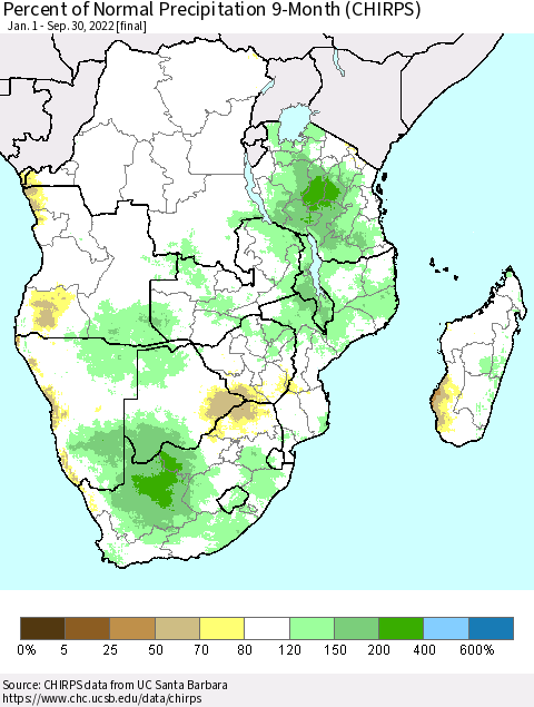 Southern Africa Percent of Normal Precipitation 9-Month (CHIRPS) Thematic Map For 1/1/2022 - 9/30/2022