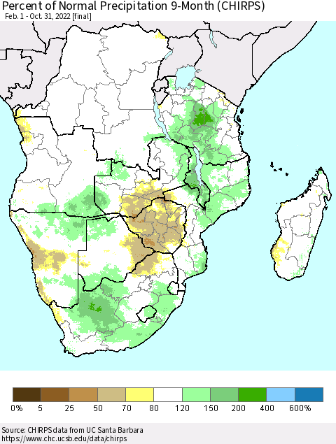 Southern Africa Percent of Normal Precipitation 9-Month (CHIRPS) Thematic Map For 2/1/2022 - 10/31/2022