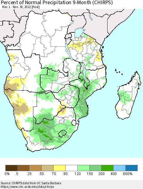 Southern Africa Percent of Normal Precipitation 9-Month (CHIRPS) Thematic Map For 3/1/2022 - 11/30/2022