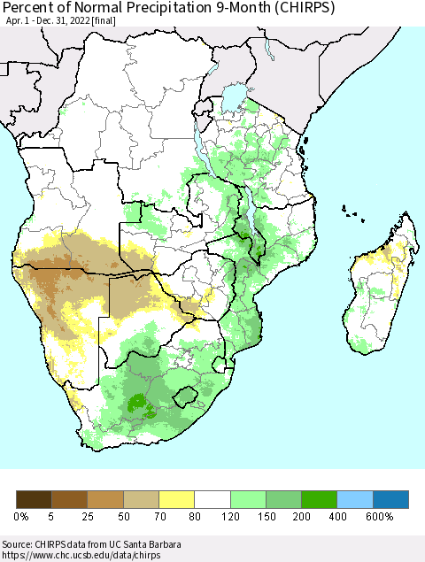 Southern Africa Percent of Normal Precipitation 9-Month (CHIRPS) Thematic Map For 4/1/2022 - 12/31/2022