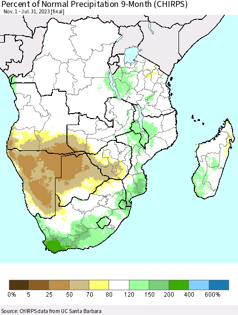Southern Africa Percent of Normal Precipitation 9-Month (CHIRPS) Thematic Map For 11/1/2022 - 7/31/2023