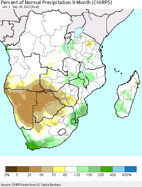 Southern Africa Percent of Normal Precipitation 9-Month (CHIRPS) Thematic Map For 1/1/2023 - 9/30/2023