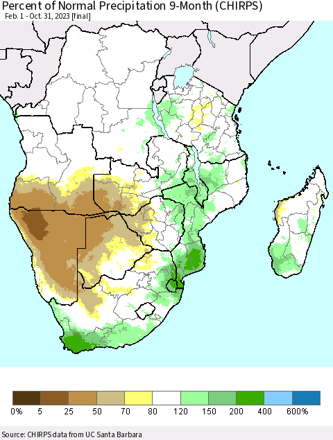 Southern Africa Percent of Normal Precipitation 9-Month (CHIRPS) Thematic Map For 2/1/2023 - 10/31/2023