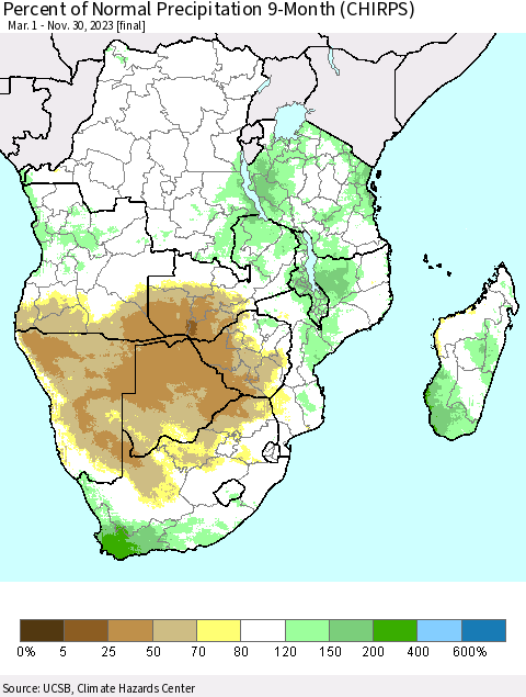 Southern Africa Percent of Normal Precipitation 9-Month (CHIRPS) Thematic Map For 3/1/2023 - 11/30/2023