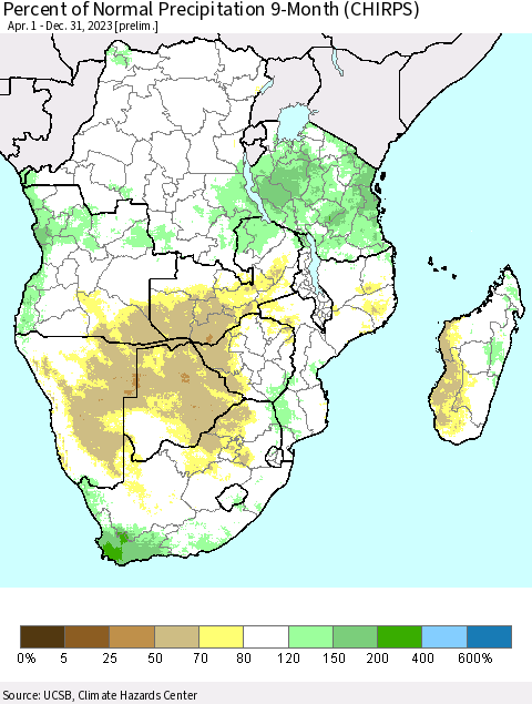 Southern Africa Percent of Normal Precipitation 9-Month (CHIRPS) Thematic Map For 4/1/2023 - 12/31/2023