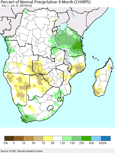 Southern Africa Percent of Normal Precipitation 9-Month (CHIRPS) Thematic Map For 5/1/2023 - 1/31/2024