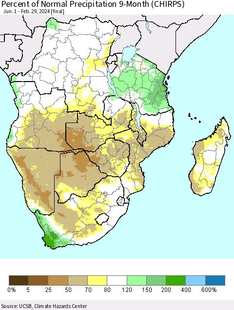 Southern Africa Percent of Normal Precipitation 9-Month (CHIRPS) Thematic Map For 6/1/2023 - 2/29/2024