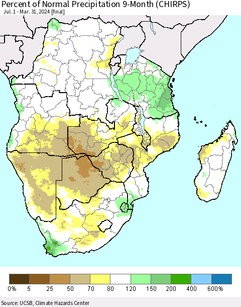 Southern Africa Percent of Normal Precipitation 9-Month (CHIRPS) Thematic Map For 7/1/2023 - 3/31/2024