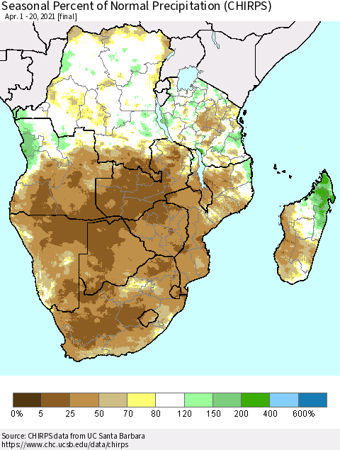 Southern Africa Seasonal Percent of Normal Precipitation (CHIRPS) Thematic Map For 4/1/2021 - 4/20/2021
