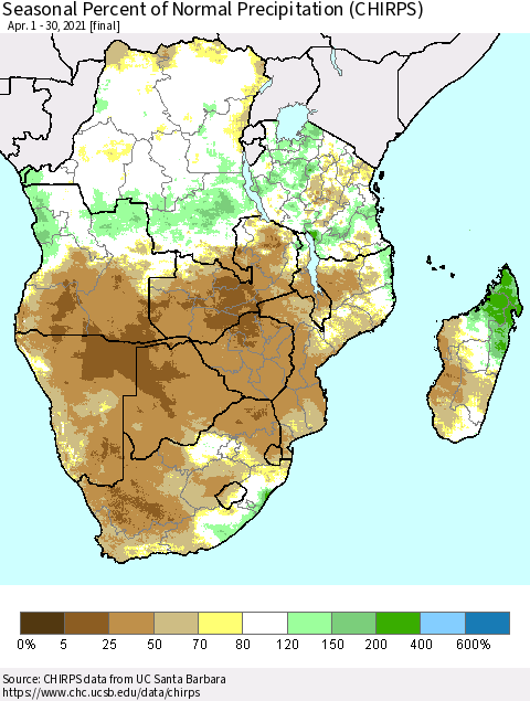 Southern Africa Seasonal Percent of Normal Precipitation (CHIRPS) Thematic Map For 4/1/2021 - 4/30/2021
