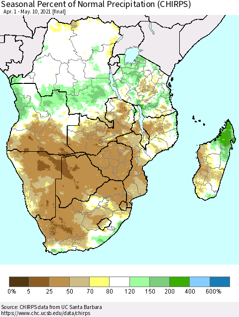 Southern Africa Seasonal Percent of Normal Precipitation (CHIRPS) Thematic Map For 4/1/2021 - 5/10/2021