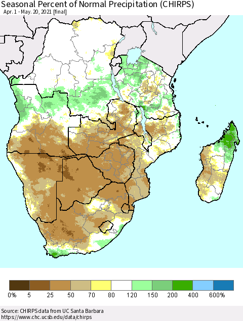 Southern Africa Seasonal Percent of Normal Precipitation (CHIRPS) Thematic Map For 4/1/2021 - 5/20/2021