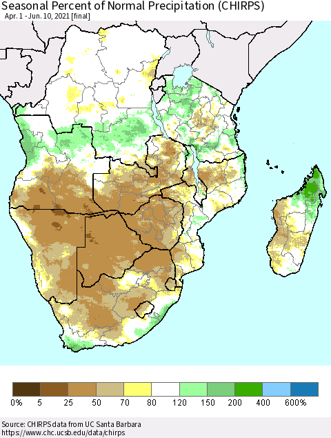 Southern Africa Seasonal Percent of Normal Precipitation (CHIRPS) Thematic Map For 4/1/2021 - 6/10/2021