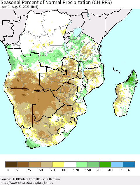 Southern Africa Seasonal Percent of Normal Precipitation (CHIRPS) Thematic Map For 4/1/2021 - 8/31/2021