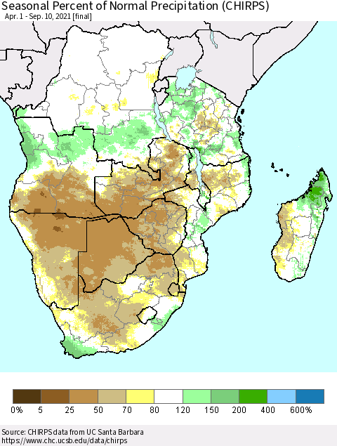Southern Africa Seasonal Percent of Normal Precipitation (CHIRPS) Thematic Map For 4/1/2021 - 9/10/2021