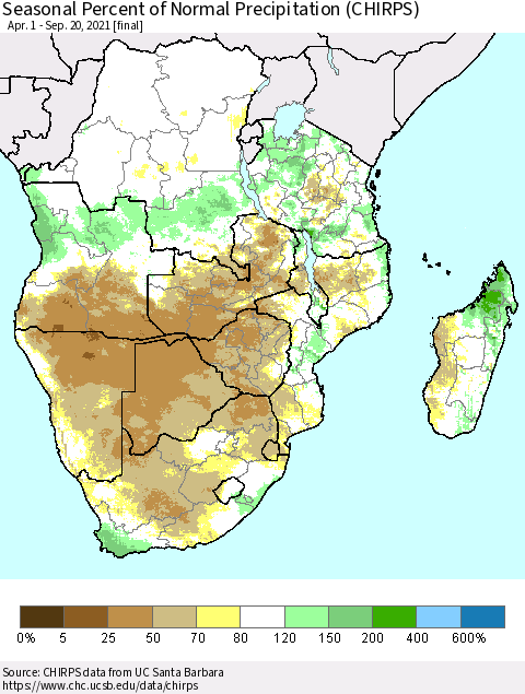 Southern Africa Seasonal Percent of Normal Precipitation (CHIRPS) Thematic Map For 4/1/2021 - 9/20/2021