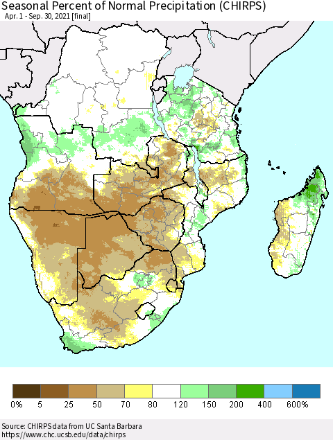 Southern Africa Seasonal Percent of Normal Precipitation (CHIRPS) Thematic Map For 4/1/2021 - 9/30/2021