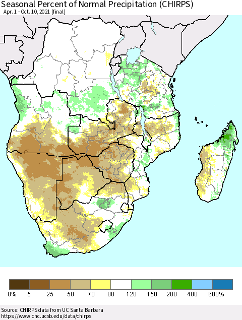 Southern Africa Seasonal Percent of Normal Precipitation (CHIRPS) Thematic Map For 4/1/2021 - 10/10/2021