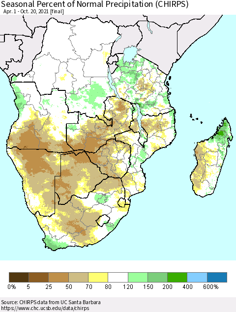 Southern Africa Seasonal Percent of Normal Precipitation (CHIRPS) Thematic Map For 4/1/2021 - 10/20/2021