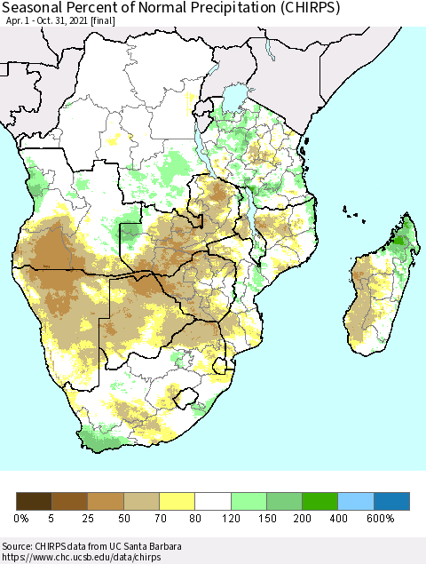 Southern Africa Seasonal Percent of Normal Precipitation (CHIRPS) Thematic Map For 4/1/2021 - 10/31/2021