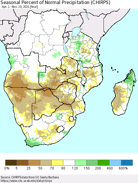 Southern Africa Seasonal Percent of Normal Precipitation (CHIRPS) Thematic Map For 4/1/2021 - 11/10/2021
