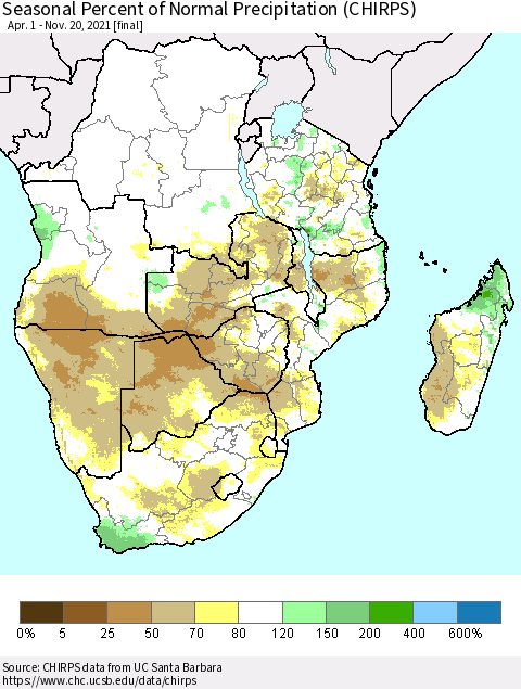 Southern Africa Seasonal Percent of Normal Precipitation (CHIRPS) Thematic Map For 4/1/2021 - 11/20/2021