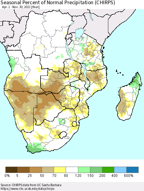 Southern Africa Seasonal Percent of Normal Precipitation (CHIRPS) Thematic Map For 4/1/2021 - 11/30/2021
