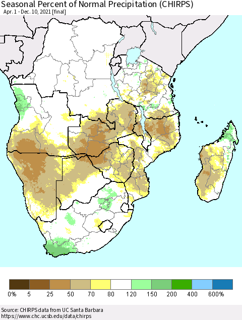 Southern Africa Seasonal Percent of Normal Precipitation (CHIRPS) Thematic Map For 4/1/2021 - 12/10/2021