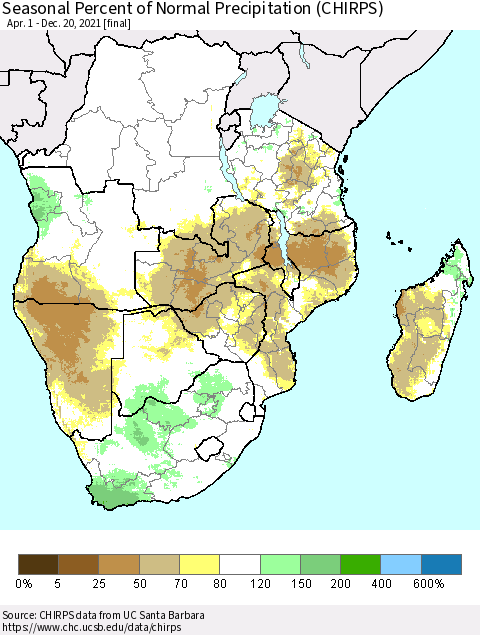 Southern Africa Seasonal Percent of Normal Precipitation (CHIRPS) Thematic Map For 4/1/2021 - 12/20/2021