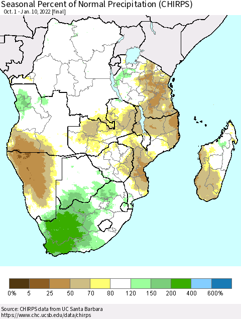 Southern Africa Seasonal Percent of Normal Precipitation (CHIRPS) Thematic Map For 10/1/2021 - 1/10/2022