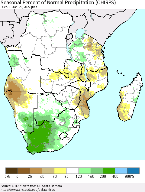 Southern Africa Seasonal Percent of Normal Precipitation (CHIRPS) Thematic Map For 10/1/2021 - 1/20/2022