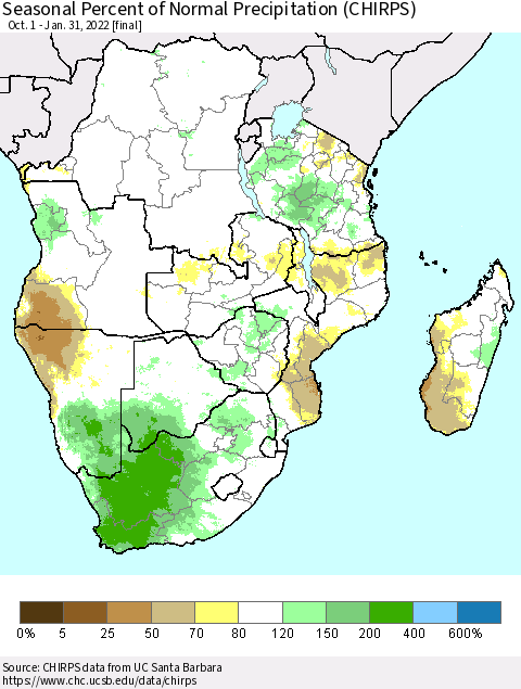 Southern Africa Seasonal Percent of Normal Precipitation (CHIRPS) Thematic Map For 10/1/2021 - 1/31/2022