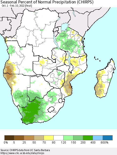 Southern Africa Seasonal Percent of Normal Precipitation (CHIRPS) Thematic Map For 10/1/2021 - 2/10/2022
