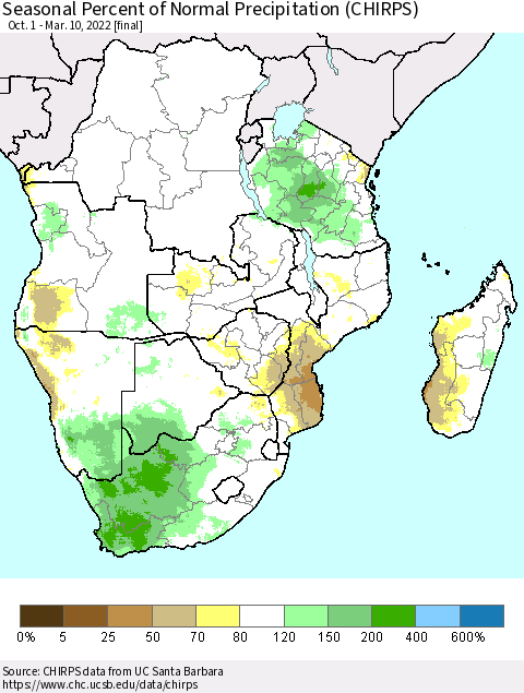 Southern Africa Seasonal Percent of Normal Precipitation (CHIRPS) Thematic Map For 10/1/2021 - 3/10/2022