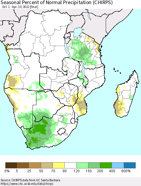 Southern Africa Seasonal Percent of Normal Precipitation (CHIRPS) Thematic Map For 10/1/2021 - 4/10/2022