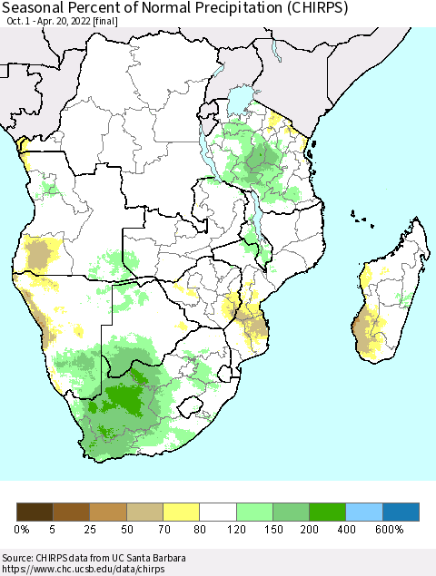 Southern Africa Seasonal Percent of Normal Precipitation (CHIRPS) Thematic Map For 10/1/2021 - 4/20/2022