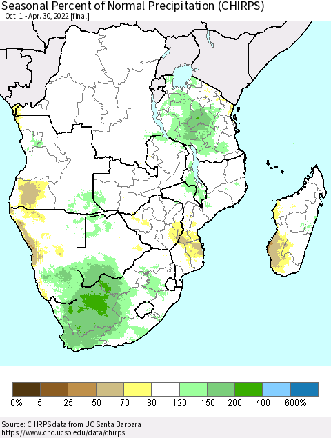 Southern Africa Seasonal Percent of Normal Precipitation (CHIRPS) Thematic Map For 10/1/2021 - 4/30/2022