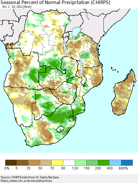 Southern Africa Seasonal Percent of Normal Precipitation (CHIRPS) Thematic Map For 10/1/2021 - 10/10/2021